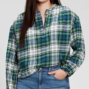 GAP Shirred Henley Top * Cotton Plaid Flannel * Size L TALL